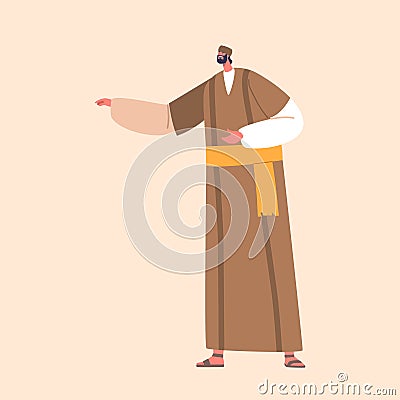Ancient Israelite Man Isolated On Beige Background. Male Character Wear Long Robe, Headwear And Sandals Vector Illustration