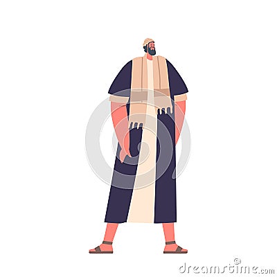 Ancient Israelite Man Stands Tall Full Height. Mature Bearded Male Character Wears Traditional Clothing, Illustration Vector Illustration