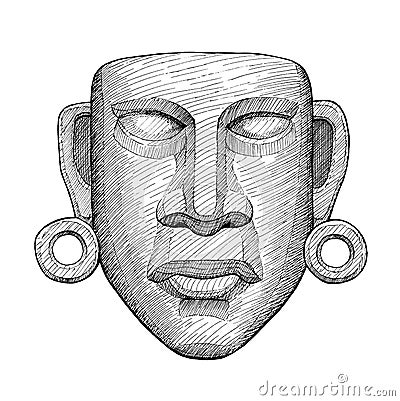 Ancient jade mexican mask, vintage hand drawing Cartoon Illustration