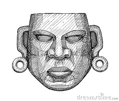 Ancient jade mexican mask, vintage hand drawing Cartoon Illustration
