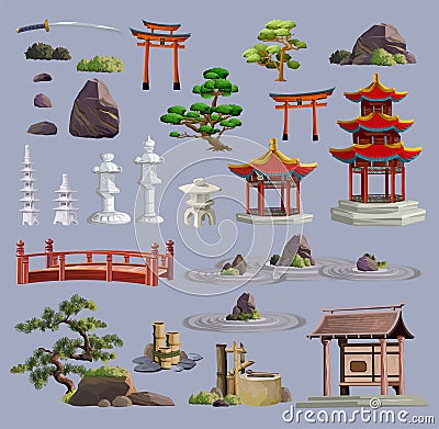 Ancient japan culture objects big set with pagoda, temple, ikebana, bonsai, trees, stone, garden, japanese lantern Vector Illustration