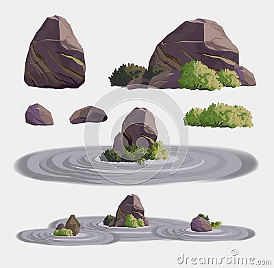 Ancient japan culture objects garden stones set. Collection with Japanese stones garden. vector set collection Vector Illustration