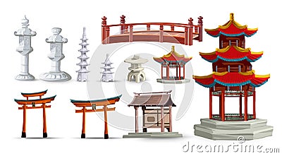 Ancient japan culture objects set with gate, pagoda, temple, garden, japanese lantern isolated vector illustration Vector Illustration