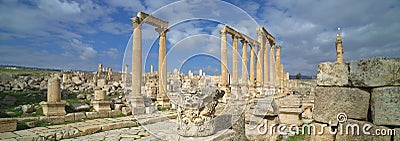 Ancient Jerash, main colonnaded street. Ruins of the Greco-Roman city of Gera at Jordan. Stock Photo