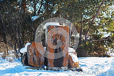 Ancient khachkar in the monastery of Sevanowank Stock Photo