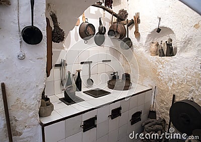 Ancient kitchen inside Casa Grotta di vico Solitario Matera, Itay Stock Photo