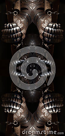Ancient Knight Iron Armour Gloves, Mirrored Abstract Background. Stock Photo