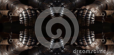 Ancient Knight Iron Armour Gloves, Mirrored Abstract Background. Stock Photo