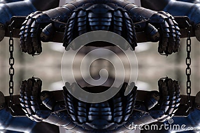 Ancient Knight Iron Armour Gloves, Mirrored Abstract Background. Stock Photo