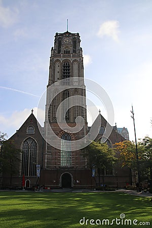 The ancient Laurenskerk church, one of the few buildings which survived the 1940 bombing during world war 2. Editorial Stock Photo