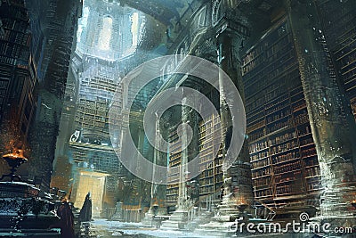 Ancient library where machine learning models are scribes tirelessly encoding the wisdom of big data into cosmic books Stock Photo