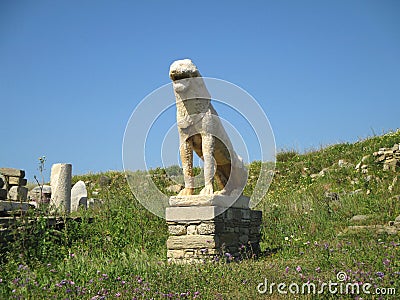 Ancient Lion Statue, the famous symbol of Archaeological Site of Delos Island, Greece Stock Photo