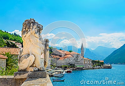 Ancient lion statue in Perast town, Kotor Bay, Montenegro, Europe Stock Photo