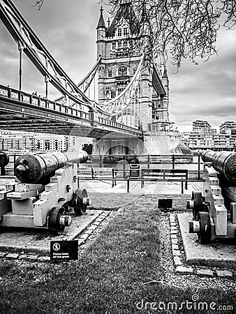 Ancient London City defense cannons, near Tower Bridge Stock Photo
