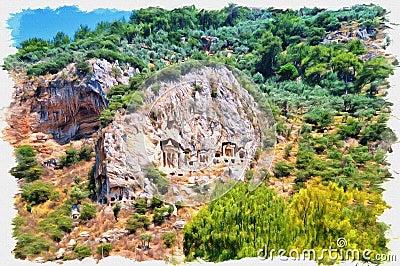 Ancient Lycian tombs. Imitation of a picture. Oil paint. Illustration Stock Photo