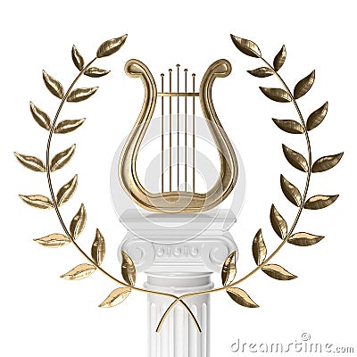 Ancient lyre with wreath on pillar 3d rendering Stock Photo