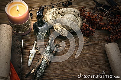 Witch doctor. Shaman. Witchcraft. Magic table. Alternative medicine. Stock Photo