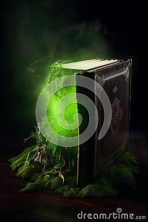 Ancient magical book with green smoke. Generative AI Stock Photo