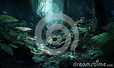 Ancient magical forest ferns scene Stock Photo