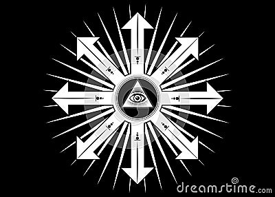 Ancient magical sigil, occult mystic symbol of chaos for witchcraft and black magic. Sacred Masonic all Seeing eye, the third eye Vector Illustration