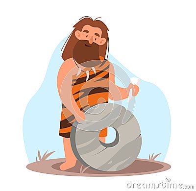 Ancient man with beard makes wheel out of stone. Stone age people, tiger skin clothes. Prehistoric time character. Homo Vector Illustration