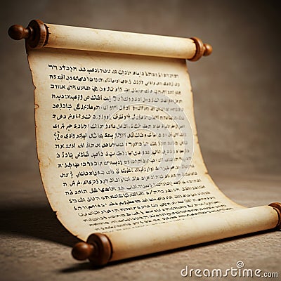 Ancient manuscript scroll with wooden handles, displaying text in a script resembling Stock Photo