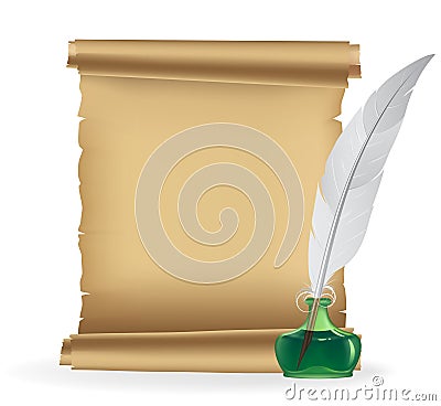 Ancient manuscript and white quill pen Vector Illustration