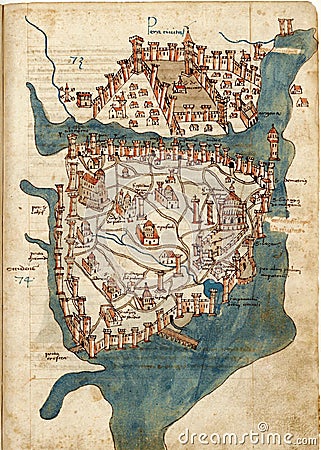 Ancient map of Constantinople city from rare book by Cristoforo Buondelmonti printed in 1475 Stock Photo