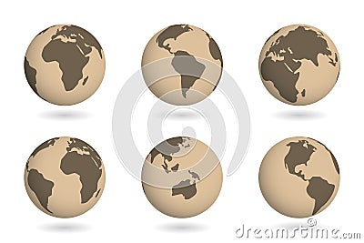 Ancient map on earth globe planet. Historical world 3d design. Vintage brown color land. Vector illustration Vector Illustration