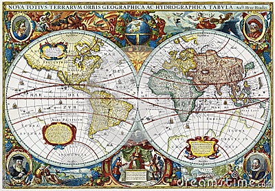 Ancient map of vintage medieval world Hondius Stock Photo