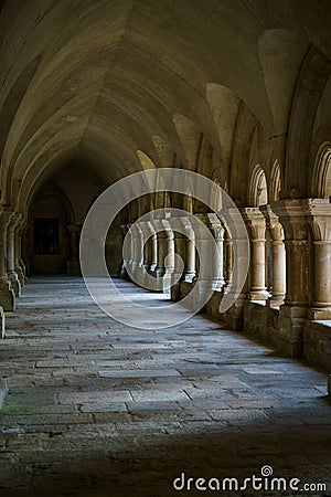 Ancient marble Column corridor of a medieval French abbey. Abbey of Fontenay, Burgundy, France, Europe Stock Photo