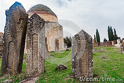 Ancient mausoleum and cemetery, Yeddi Gumbez komplex , Shamak Stock Photo