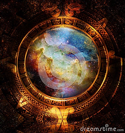 Ancient Mayan Calendar, Cosmic space and stars, abstract color Background, computer collage. Stock Photo