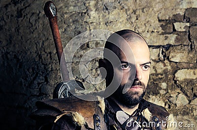 Ancient medieval warrior preparing to battle Stock Photo