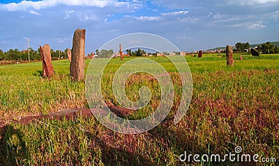 Ancient Megalith stela field in Axum at Tigray, , Ethiopia Stock Photo