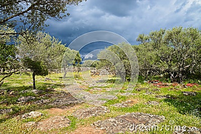 Ancient megalithic Serra Orrios Nuragic Village in Sardinia, Italy Stock Photo