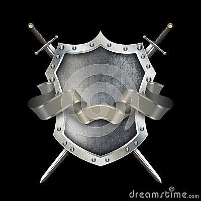 Ancient metallic shield with two swords and silver ribbon. Stock Photo