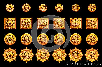 Ancient Mexican mythology golden symbols isolated. American aztec, mayan culture native totem. Vector icons. Vector Illustration