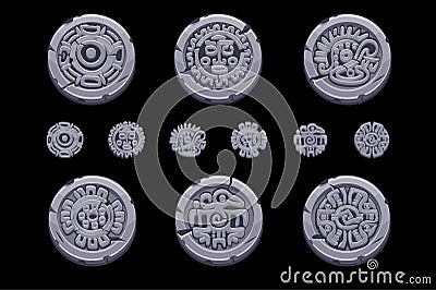 Ancient Mexican mythology symbols isolated on stone coin. American aztec, mayan culture native totem. Vector icons. Vector Illustration