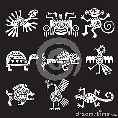 Ancient mexican symbol. Aztec tribal traditional symbols ornamental animals mayan objects recent vector illustrations Vector Illustration