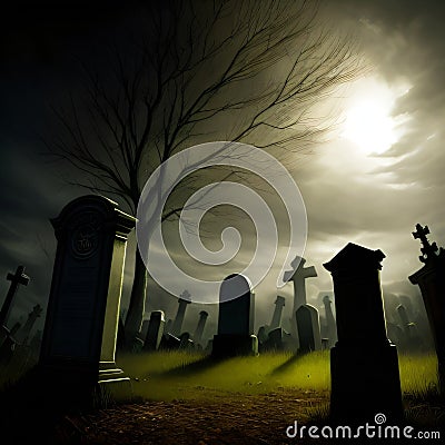 Ancient Misty Graveyard Stock Photo