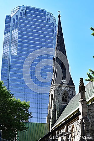 Ancient Church & Modern Skyscraper, Montreal, Quebec, Canada Stock Photo