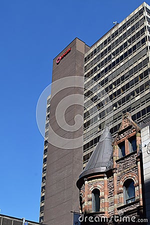 Ancient Church & Modern Skyscraper, Montreal, Quebec, Canada Editorial Stock Photo