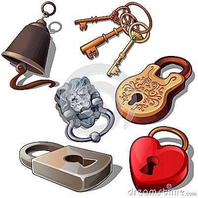 Ancient, modern and romantic padlocks with keys and door bell. Locks in shape of heart, lions head and floral ornament Vector Illustration