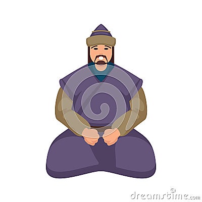 Ancient mongolian warrior in purple clothes is sitting on the ground Vector Illustration