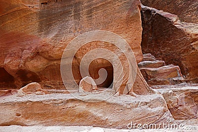 Ancient Nabataean Camel Rider Statue and Camel Caravans Ruins in Petra, Jordan Stock Photo