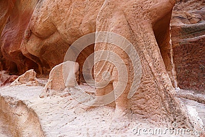 Ancient Nabataean Camel Rider Statue and Camel Caravans Ruins in Petra, Jordan Stock Photo