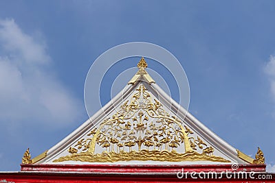Ancient native Thai gable of Buddhism church and sky. Stock Photo