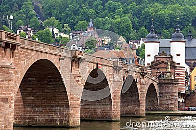 Ancient Neckar bridge and city gate Heidelberg Editorial Stock Photo