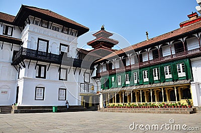 Ancient nepalese architecture building and antique old ruins nepali Nasal Chok Hanuman Dhoka Royal Palace at Basantapur Katmandu Stock Photo